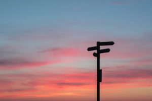 Sign post with a sunset backdrop