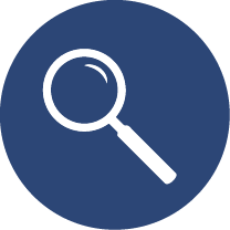 White magnifying glass icon on blue circle