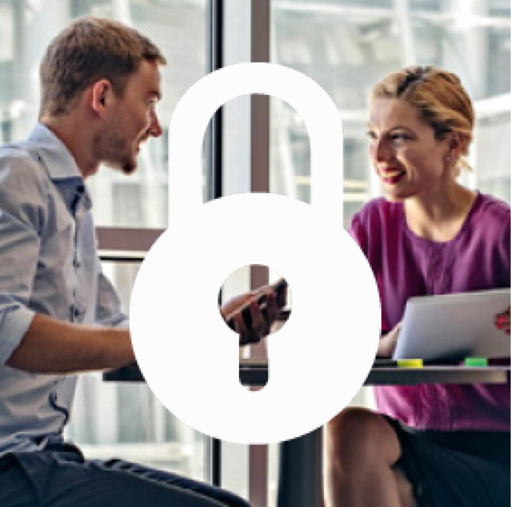Man and woman talking in office with padlock icon overlay