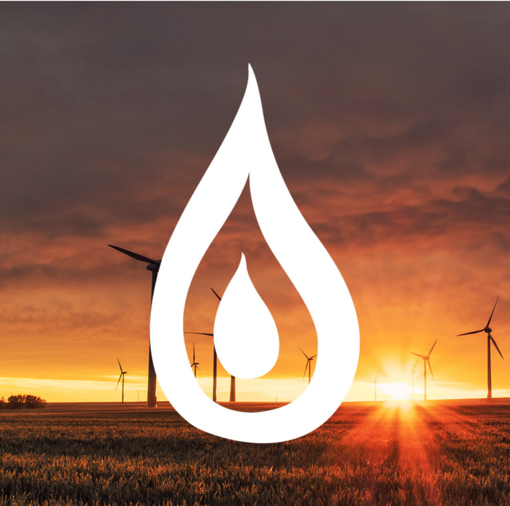 Windfarm at sunset with flame icon overlay