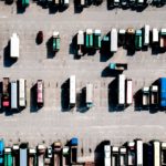 Overhead view of lorries in carpark