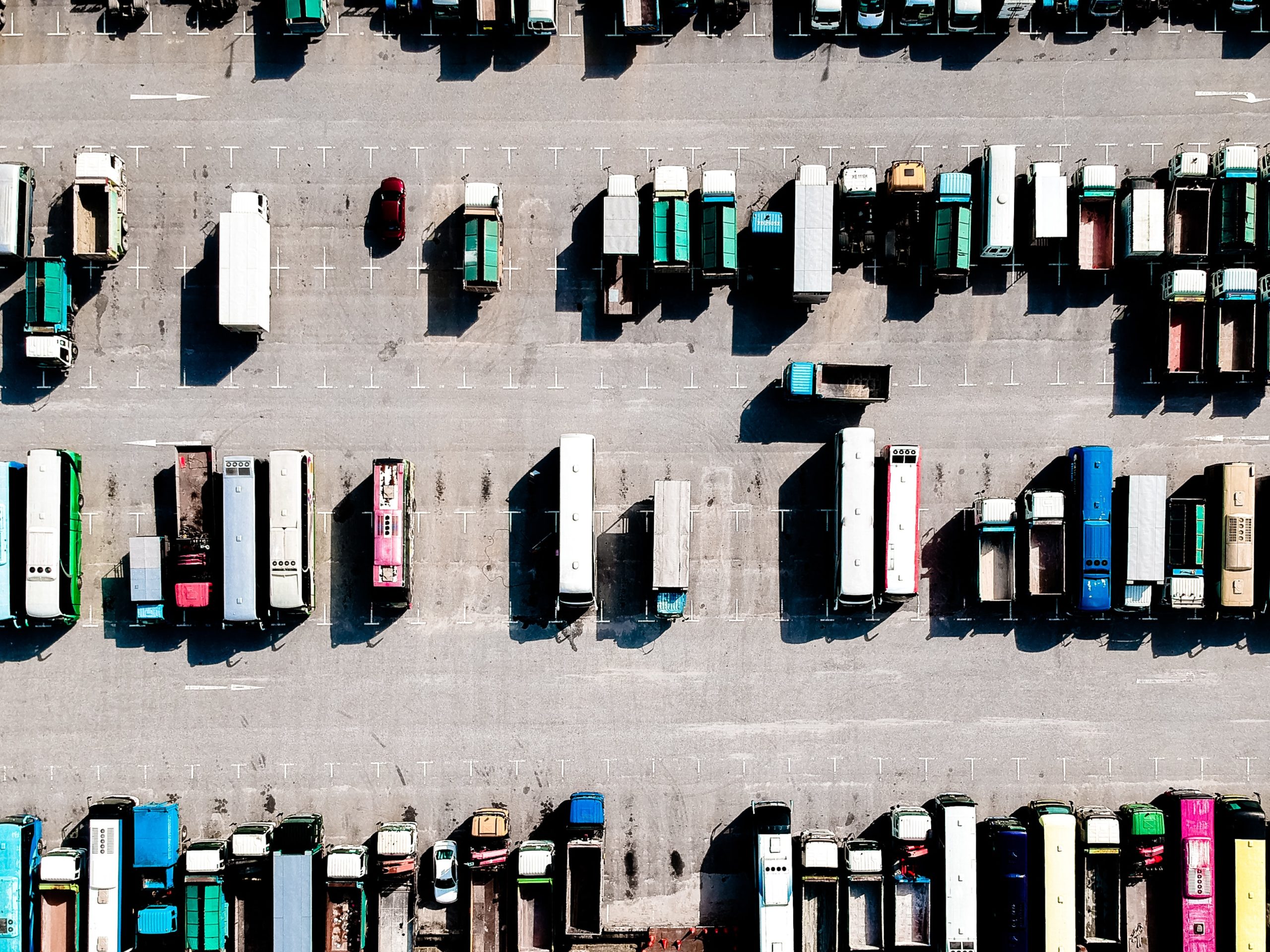 Overhead view of lorries in carpark