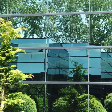 Building and trees in window reflection