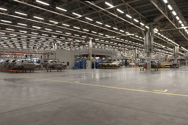 Panoramic photo of a large car factory