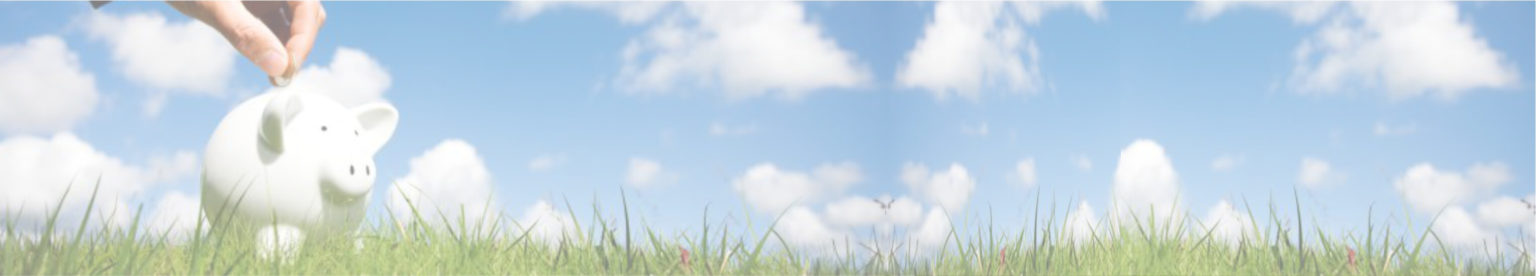 hand putting a coin into a white piggy bank on grass with blue sky and clouds