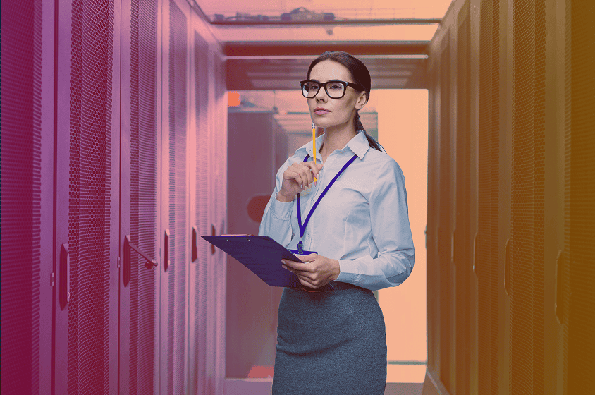 ISO certification woman in data centre server room, quality management system compliance, professional auditor, certification process, IT security standards, quality assurance, compliance audit, data centre standards, business quality improvement, professional certification.